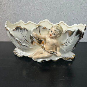 Royal Sealy Japan Porcelain Dish Oblong Glossy Planter White Gold Cherub Vintage